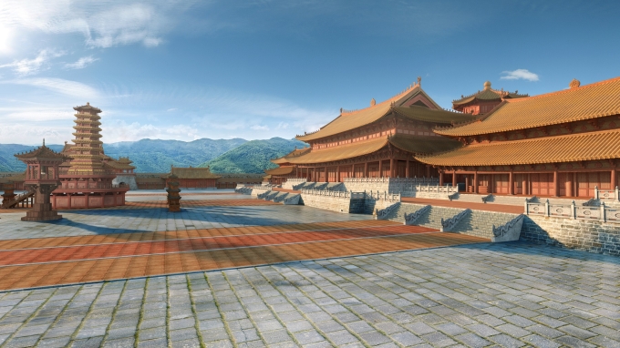 Quần thể du lịch văn hóa phỏng dựng Hoàng thành Thăng Long tọa lạc dưới chân núi Long Đọi Sơn, Hà Nam.
