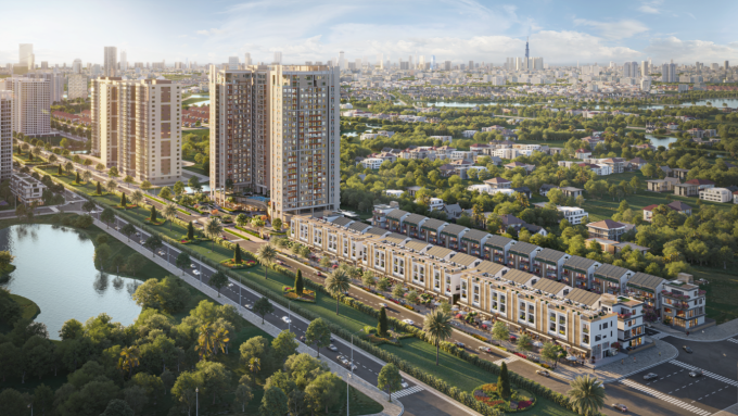 Essensia Parkway nằm trên mặt tiền Nguyễn Hữu Thọ, thừa hưởng hệ thống tiện ích đồng bộ và gần các tuyến metro tương lai. Ảnh phối cảnh: Hoàng Luân
