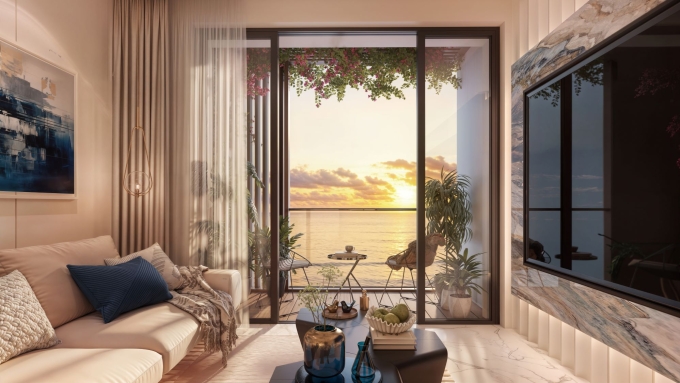 Mỗi căn hộ được thiết kế ban công rộng thoáng cùng hệ cửa kính lớn. Ảnh: Sun Property